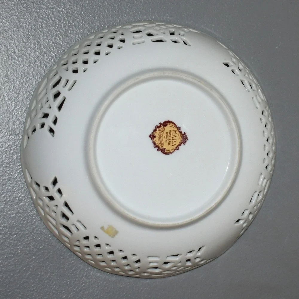 MABA Porcellane Artistiche Limoges Bowl White Gold Excellent Reticulated Floral